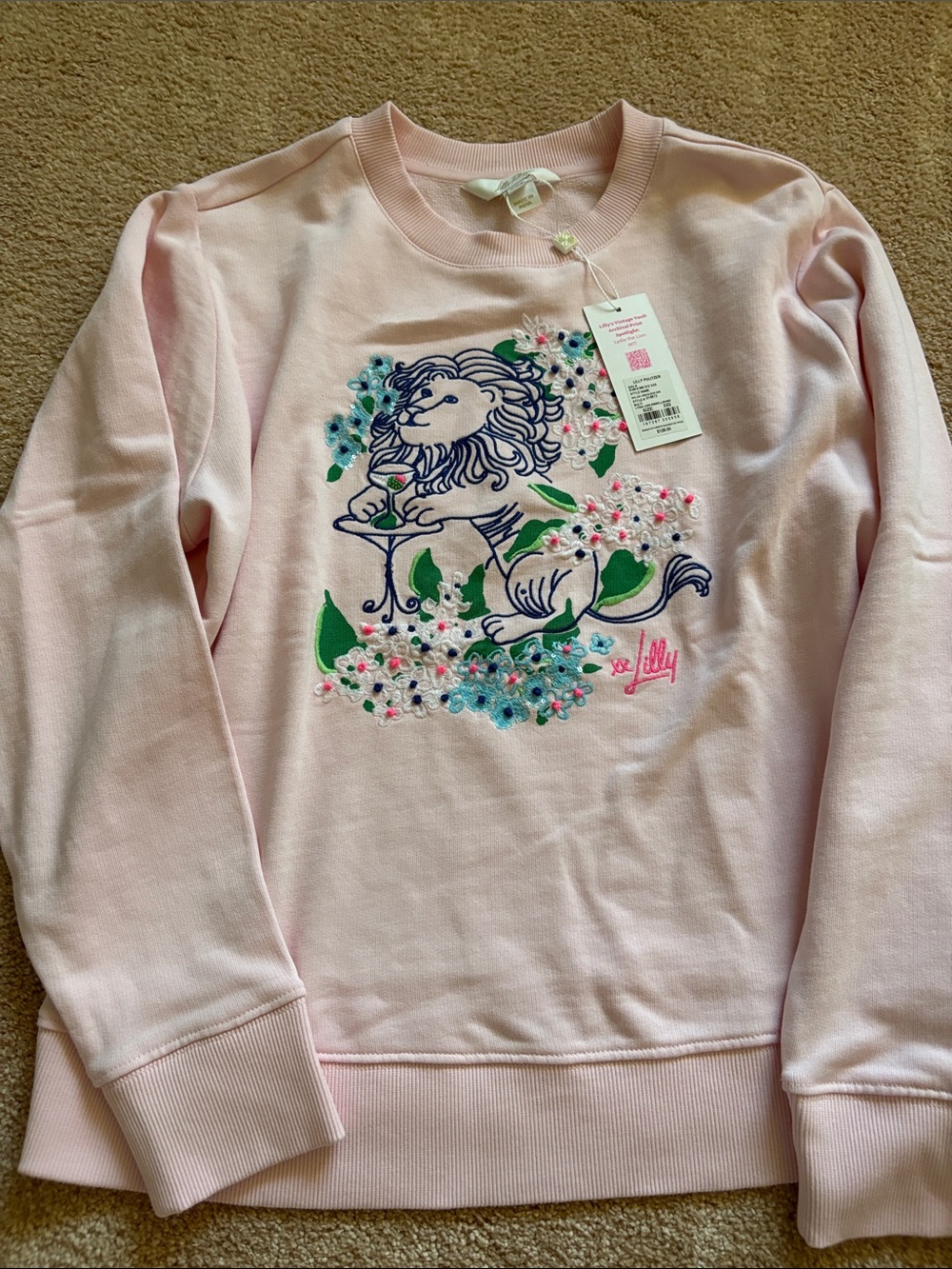 Lilly Pulitzer Pink Embroidered Lion Crewneck Sweatshirt